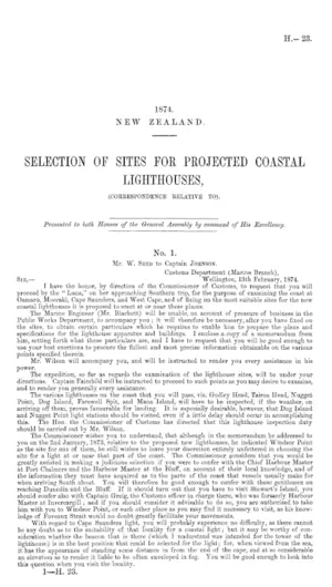 SELECTION OF SITES FOR PROJECTED COASTAL LIGHTHOUSES, (CORRESPONDENCE RELATIVE TO).