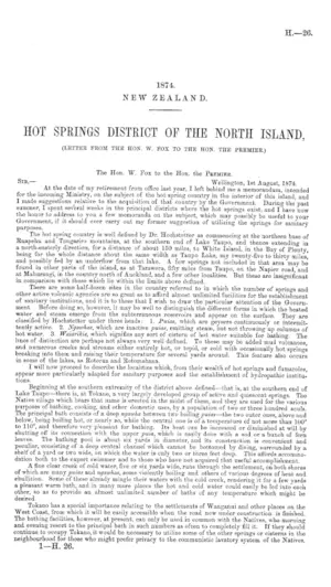 HOT SPRINGS DISTRICT OF THE NORTH ISLAND, (LETTER FROM THE HON. W. FOX TO THE HON. THE PREMIER.)