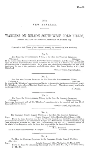 WARDENS ON NELSON SOUTH-WEST GOLD FIELDS, (PAPERS RELATIVE TO PROPOSED REDUCTION IN NUMBER OF).