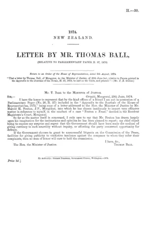 LETTER BY MR. THOMAS BALL, (RELATIVE TO PARLIAMENTARY PAPER H. 37, 1873).