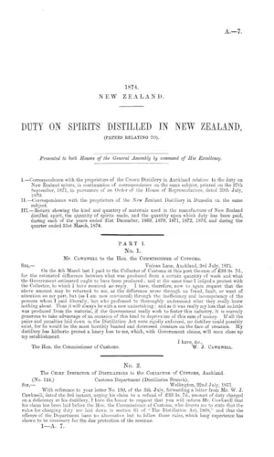 DUTY ON SPIRITS DISTILLED IN NEW ZEALAND, (PAPERS RELATING TO).