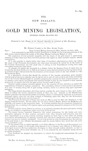 GOLD MINING LEGISLATION, (FURTHER PAPERS RELATING TO).