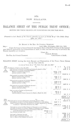 BALANCE SHEET OF THE PUBLIC TRUST OFFICE; SHOWING THE WHOLE RECEIPTS AND EXPENDITURE FOR THE YEAR 1873-74.