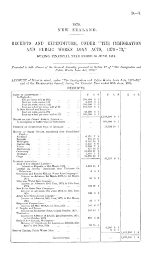 RECEIPTS AND EXPENDITURE, UNDER "THE IMMIGRATION AND PUBLIC WORKS LOAN ACTS, 1870-73," DURING FINANCIAL YEAR ENDED 30 JUNE, 1874.
