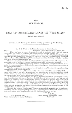 SALE OF CONFISCATED LANDS ON WEST COAST, (REPORT RELATIVE TO).
