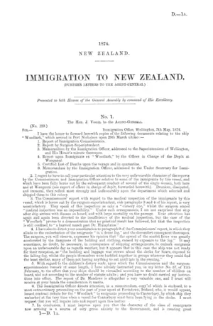 IMMIGRATION TO NEW ZEALAND. (FURTHER LETTERS TO THE AGENT-GENERAL.)