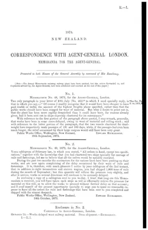 CORRESPONDENCE WITH AGENT-GENERAL LONDON. MEMORANDA FOR THE AGENT-GENERAL.
