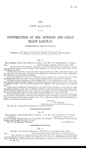 CONSTRUCTION OF THE DUNEDIN AND OCEAN BEACH RAILWAY. (CORRESPONDENCE RELATING THERETO.)