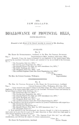 DISALLOWANCE OF PROVINCIAL BILLS, (PAPERS RELATIVE TO).