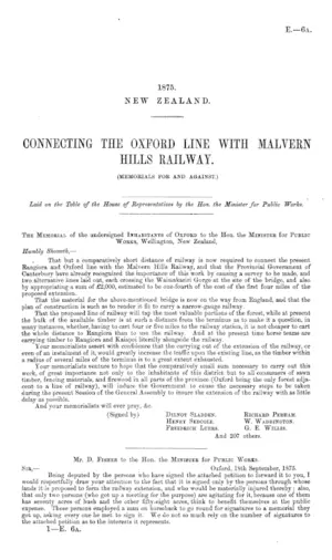 CONNECTING THE OXFORD LINE WITH MALVERN HILLS RAILWAY. (MEMORIALS FOR AND AGAINST.)