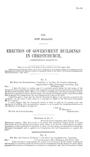 ERECTION OF GOVERNMENT BUILDINGS IN CHRISTCHURCH, (CORRESPONDENCE RELATIVE TO).