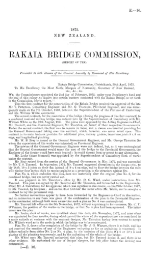 RAKAIA BRIDGE COMMISSION, (REPORT OF THE).