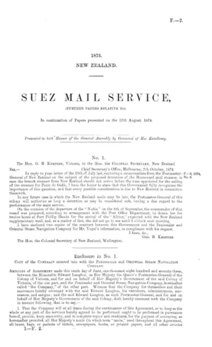 SUEZ MAIL SERVICE, (FURTHER PAPERS RELATIVE TO). In continuation of Papers presented on the 17th August, 1874.