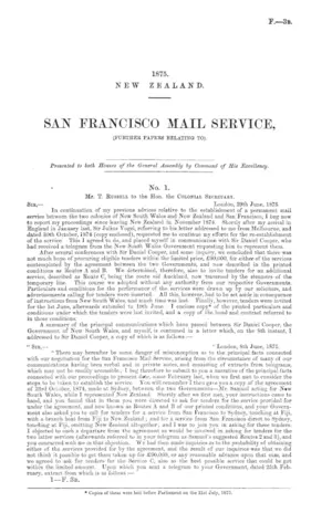 SAN FRANCISCO MAIL SERVICE, (FURTHER PAPERS RELATING TO).
