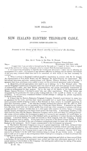 NEW ZEALAND ELECTRIC TELEGRAPH CABLE, (FURTHER PAPERS RELATING TO).
