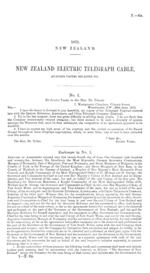 NEW ZEALAND ELECTRIC TELEGRAPH CABLE, (FURTHER PAPERS RELATING TO).