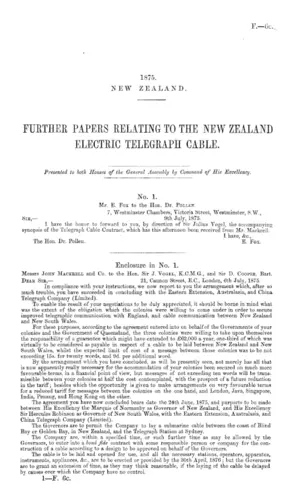 FURTHER PAPERS RELATING TO THE NEW ZEALAND ELECTRIC TELEGRAPH CABLE.