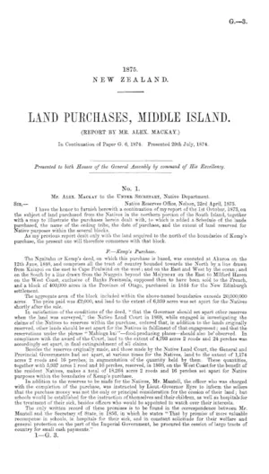 LAND PURCHASES, MIDDLE ISLAND. (REPORT BY MR. ALEX. MACKAY.) In Continuation of Paper G. 6, 1874. Presented 29th July, 1874.
