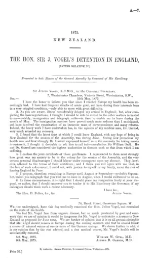THE HON. SIR J. YOGEL'S DETENTION IN ENGLAND, (LETTER RELATIVE TO).