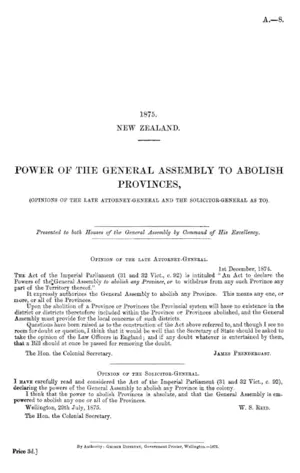 POWER OF THE GENERAL ASSEMBLY TO ABOLISH PROVINCES, (OPINIONS OF THE LATE ATTORNEY-GENERAL AND THE SOLICITOR-GENERAL AS TO).