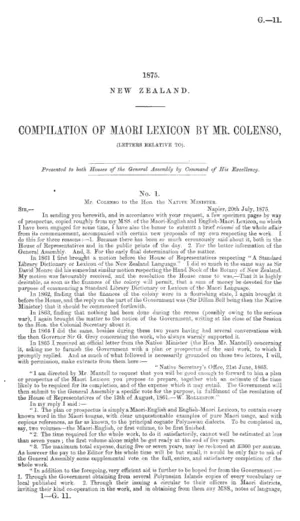COMPILATION OF MAORI LEXICON BY MR. COLENSO, (LETTERS RELATIVE TO).