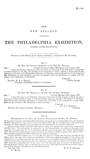 THE PHILADELPHIA EXHIBITION, (FURTHER PAPERS RELATIVE TO).