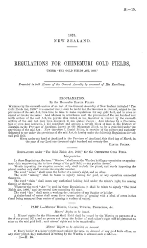 REGULATIONS FOR OHINEMURI GOLD FIELDS, UNDER "THE GOLD FIELDS ACT, 1866."