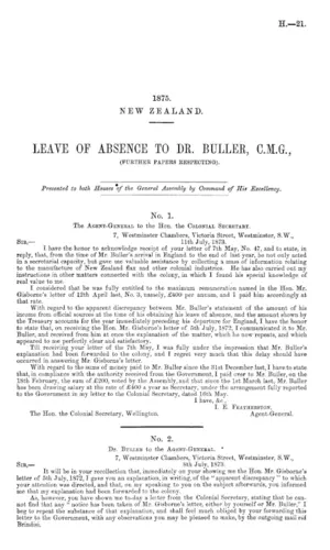 LEAVE OF ABSENCE TO DR. BULLER, C.M.G., (FURTHER PAPERS RESPECTING).