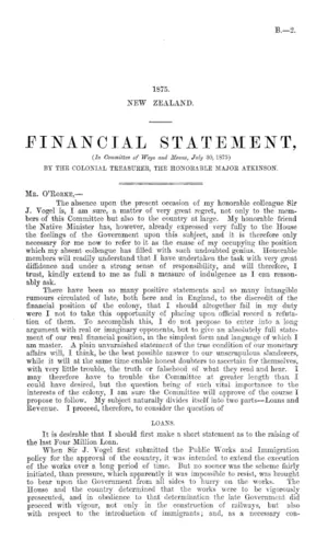 FINANCIAL STATEMENT, (In Committee of Ways and Means, July 30, 1875) BY THE COLONIAL TREASURER, THE HONORABLE MAJOR ATKINSON.