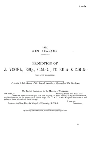 PROMOTION OF J. VOGEL, ESQ., C.M.G., TO BE A K.C.M.G. (DESPATCH NOTIFYING).