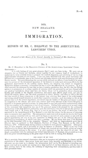IMMIGRATION. REPORTS OF MR. C. HOLLOWAY TO THE AGRICULTURAL LABOURERER'S UNION.