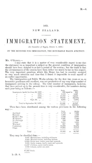 IMMIGRATION STATEMENT. (In Committee of Supply, October 8, 1875.) BY THE MINISTER FOR IMMIGRATION, THE HONORABLE MAJOR ATKINSON.
