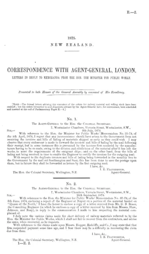 CORRESPONDENCE WITH AGENT-GENERAL, LONDON. LETTERS IN REPLY TO MEMORANDA FROM THE HON. THE MINISTER FOR PUBLIC WORKS.