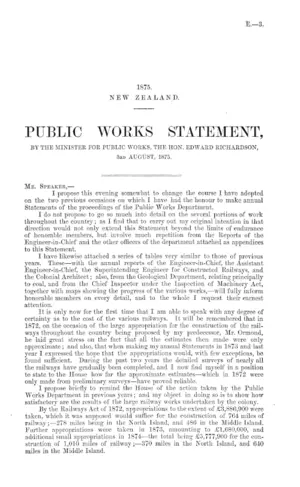 PUBLIC WORKS STATEMENT, BY THE MINISTER FOR PUBLIC WORKS, THE HON. EDWARD RICHARDSON, 3RD AUGUST, 1875.