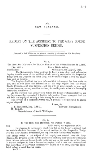 REPORT ON THE ACCIDENT TO THE GREY GORGE SUSPENSION BRIDGE.