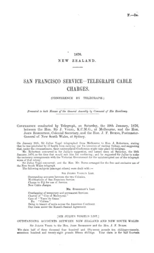 SAN FRANCISCO SERVICE-TELEGRAPH CABLE CHARGES. (CONFERENCE BY TELEGRAPH.)