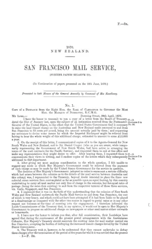 SAN FRANCISCO MAIL SERVICE, (FURTHER PAPERS RELATIVE TO). (In Continuation of papers presented on the 16th June, 1876.)