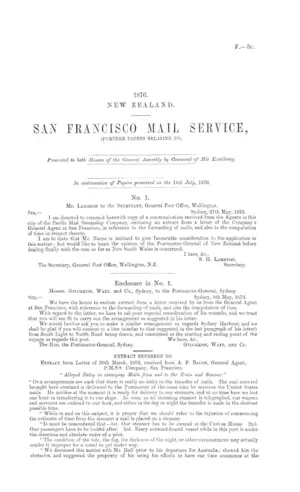 SAN FRANCISCO MAIL SERVICE, (FURTHER PAPERS RELATING TO).