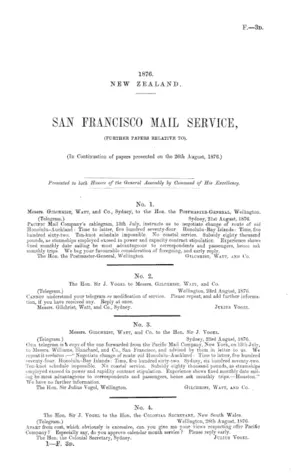 SAN FRANCISCO MAIL SERVICE, (FURTHER PAPERS RELATIVE TO). (In Continuation of papers presented on the 26th August, 1876.)