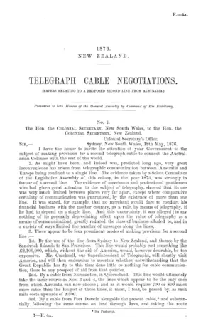 TELEGRAPH CABLE NEGOTIATIONS. (PAPERS RELATING TO A PROPOSED SECOND LINE FROM AUSTRALIA.)