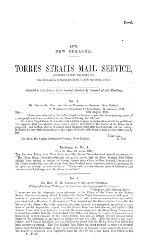 TORRES STRAITS MAIL SERVICE, (FURTHER PAPERS RELATIVE TO). (In continuation of Papers presented on 27th September, 1875.)
