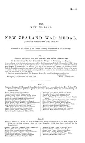NEW ZEALAND WAR MEDAL, (REPORT OF COMMISSIONER AS TO ISSUE OF.)