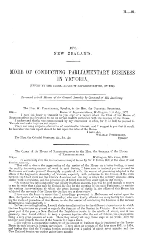 MODE OF CONDUCTING PARLIAMENTARY BUSINESS IN VICTORIA, (REPORT BY THE CLERK, HOUSE OF REPRESENTATIVES, ON THE).