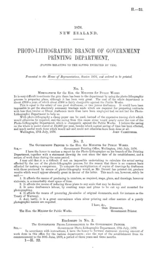PHOTO-LITHOGRAPHIC BRANCH OF GOVERNMENT PRINTING DEPARTMENT, (PAPERS RELATING TO THE SAVING EFFECTED BY THE).