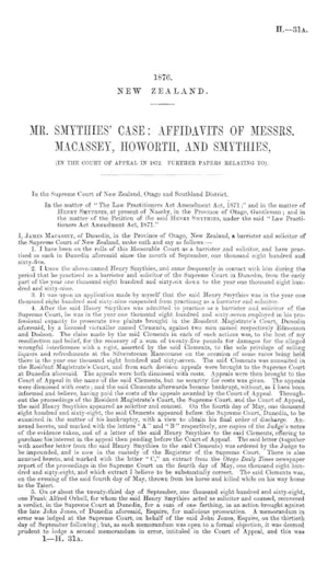 MR. SMYTHIES' CASE: AFFIDAVITS OF MESSRS. MACASSEY, HOWORTH, AND SMYTHIES, (IN THE COURT OF APPEAL IN 1872. FURTHER PAPERS RELATING TO).