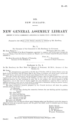 NEW GENERAL ASSEMBLY LIBRARY (REPORT OF ROYAL COMMISSION APPOINTED TO DECIDE UPON A PROPER SITE FOR.)