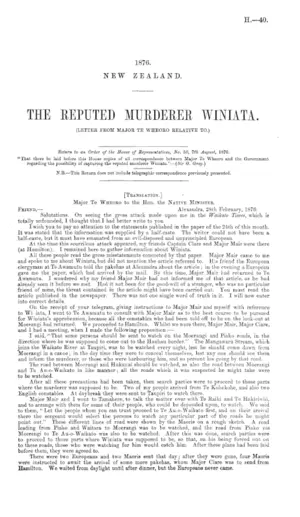 THE REPUTED MURDERER WINIATA. (LETTER FROM MAJOR TE WHEORO RELATIVE TO.)