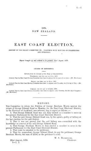 EAST COAST ELECTION. (REPORT OF THE SELECT COMMITTEE ON; TOGETHER WITH MINUTES OF PROCEEDINGS AND EVIDENCE.)
