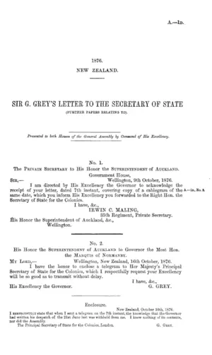 SIR G. GREY'S LETTER TO THE SECRETARY OF STATE (FURTHER PAPERS RELATING TO).