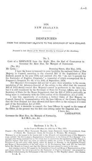 DESPATCHES FROM THE SECRETARY OF, STATE TO THE GOVERNOR OF NEW ZEALAND.